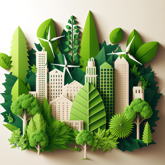 Green city with trees and wind mills.