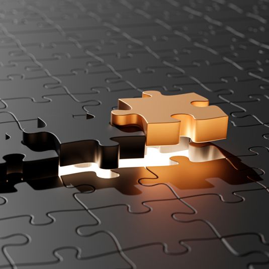 Golden puzzle pieces fit perfectly into a puzzle of black puzzle pieces (symbol for tailor-made, flexible solutions).