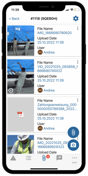 Screenshot of the app with photo documentation of the HSE incidents.
