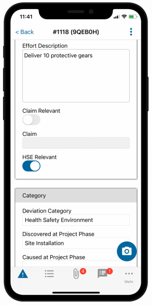 Screenshot der App: HSE-Vorfall wird am Handy erfasst.