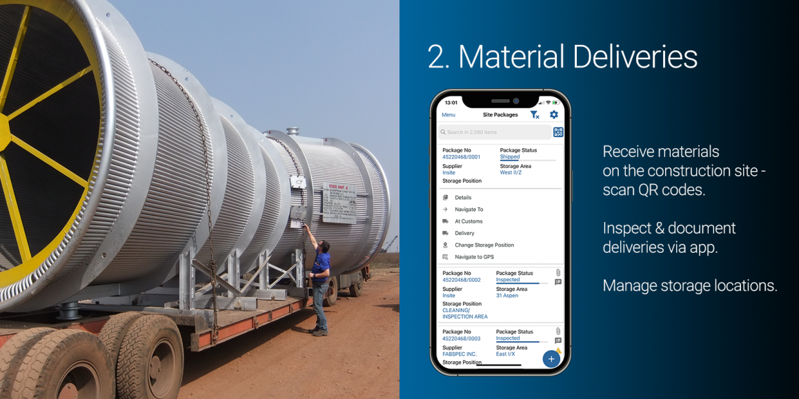 Worker on a construction site receiving a material delivery; next to it, a smartphone displaying Insite LMS material management software.