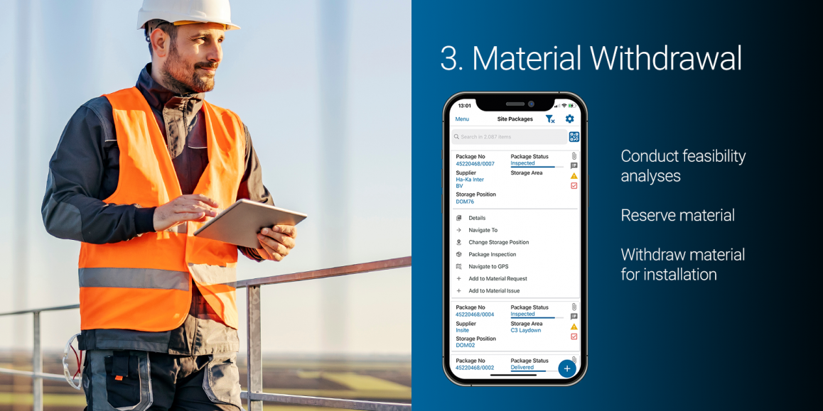 Site manager with a tablet on a construction site during the day; next to it, an illustration of a smartphone with the "Material Request" function of Insite LMS.