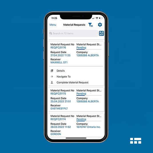 Smartphone mit Bildschirm der „Material anfrage“ über die Material Management App