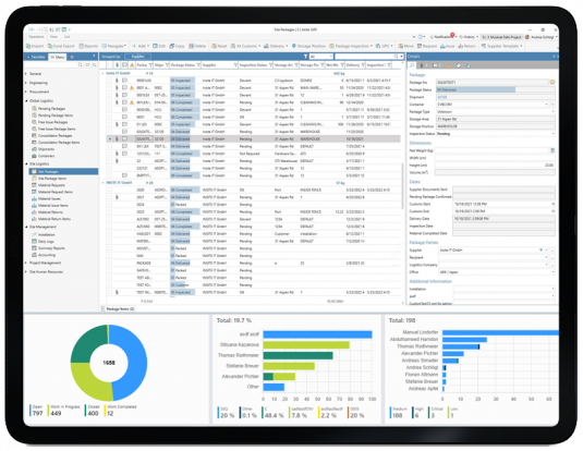 Screenshot der App für Material Management auf Tablet mit umfangreichen Materialdaten.
