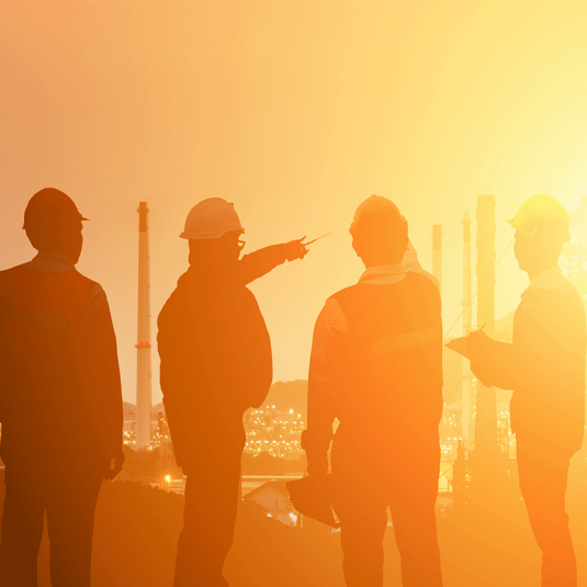 Four project managers in sun set on construction site discuss project progress.