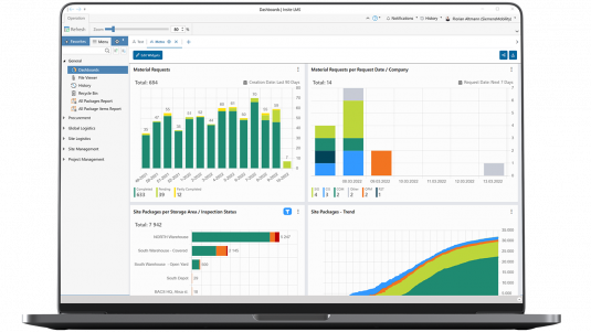 Tablet mit Abbildung eines Dashboards der Material Management App.