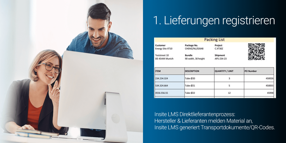 Materialmanagement: Zwei Lieferanten schauen auf Computerbildschirm. Die Packlisten mit QR-Codes werden von Insite LMS generiert und dienen dem Tracking.