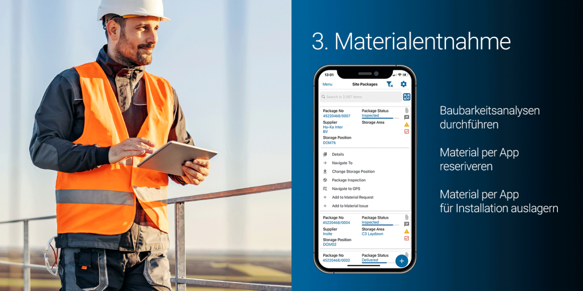 Site Manager mit Tablet auf Baustelle bei Tag; daneben Abbildung von einem Smartphone mit Funktion „Material-Anfrage“ von Insite LMS.
