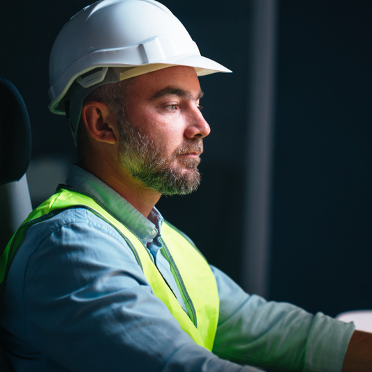 Project manager sits at his desk and looks intently at his monitor.