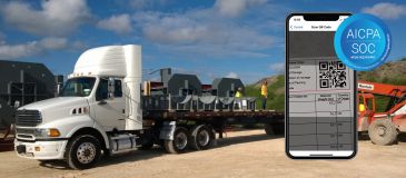 material management via system on construction sites: Truck being loaded and unloaded