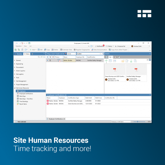 Time tracking software: Insite LMS screen showing the "Site Human Resources" module, which also includes "Time Bookings".